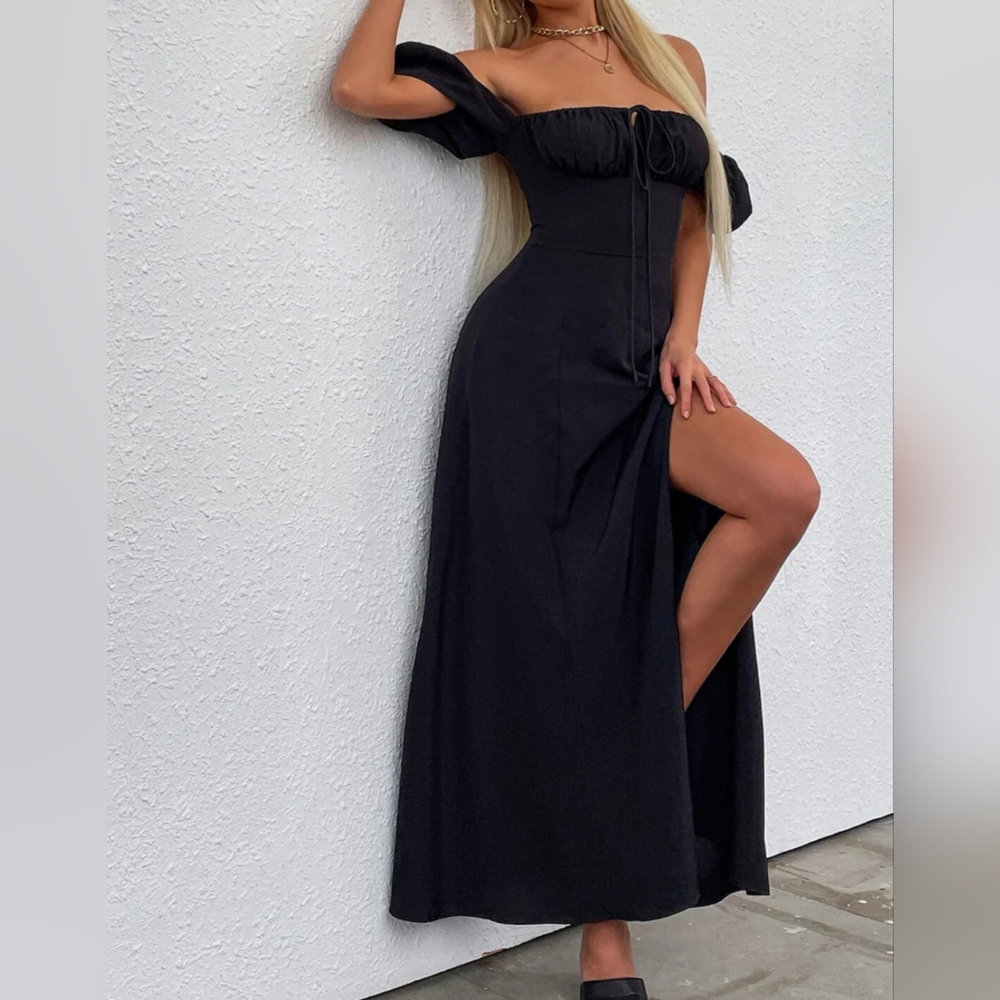 Black Off-Shoulder Puff Sleeve Maxi Gown